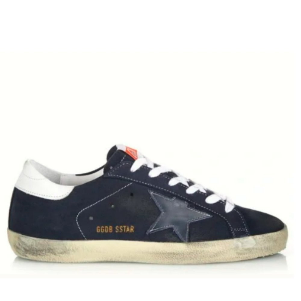 Golden Goose Navy Blue Suede Superstar Sneakers with White Accents